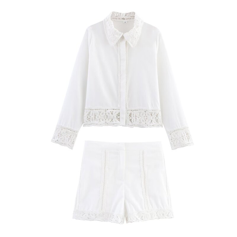 ヨーロッパとアメリカのクロスボーダー婦人服卸売女性のかぎ針編みディテールシャツかぎ針編みディテールカジュアルショーツ|undefined