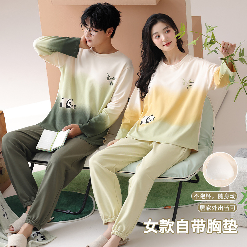Spring and Autum Pure Cotton Couple Pajamas for Women Spring Long-Sleeved Pants Suit with Breast Pads That Can Be Worn Outside Casual Cartoon Pajamas
