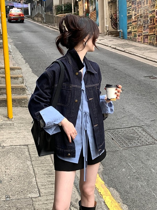 夏诗文 活性染色翻领长袖宽松原色牛仔外套百搭休闲上衣女早秋|undefined