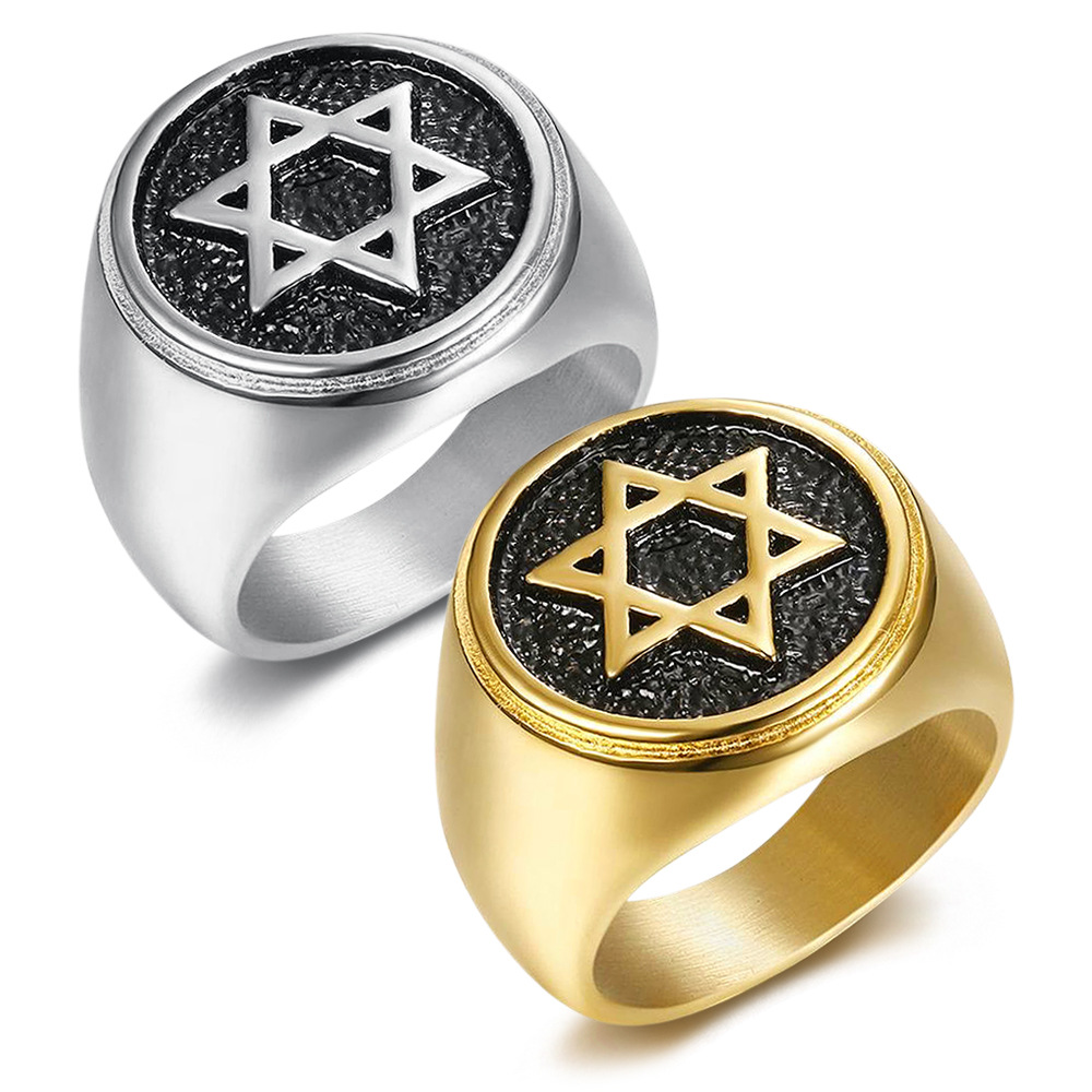 Europe and the United States cross-border new Israeli Jewish ring titanium steel gold-plated David's six-pointed star men's ring
