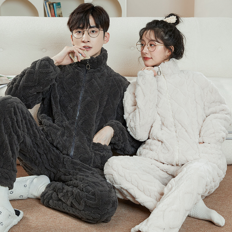 Can wear pajamas for women and men autumn and winter flannel thick stand collar zipper coral velvet couple homewear set