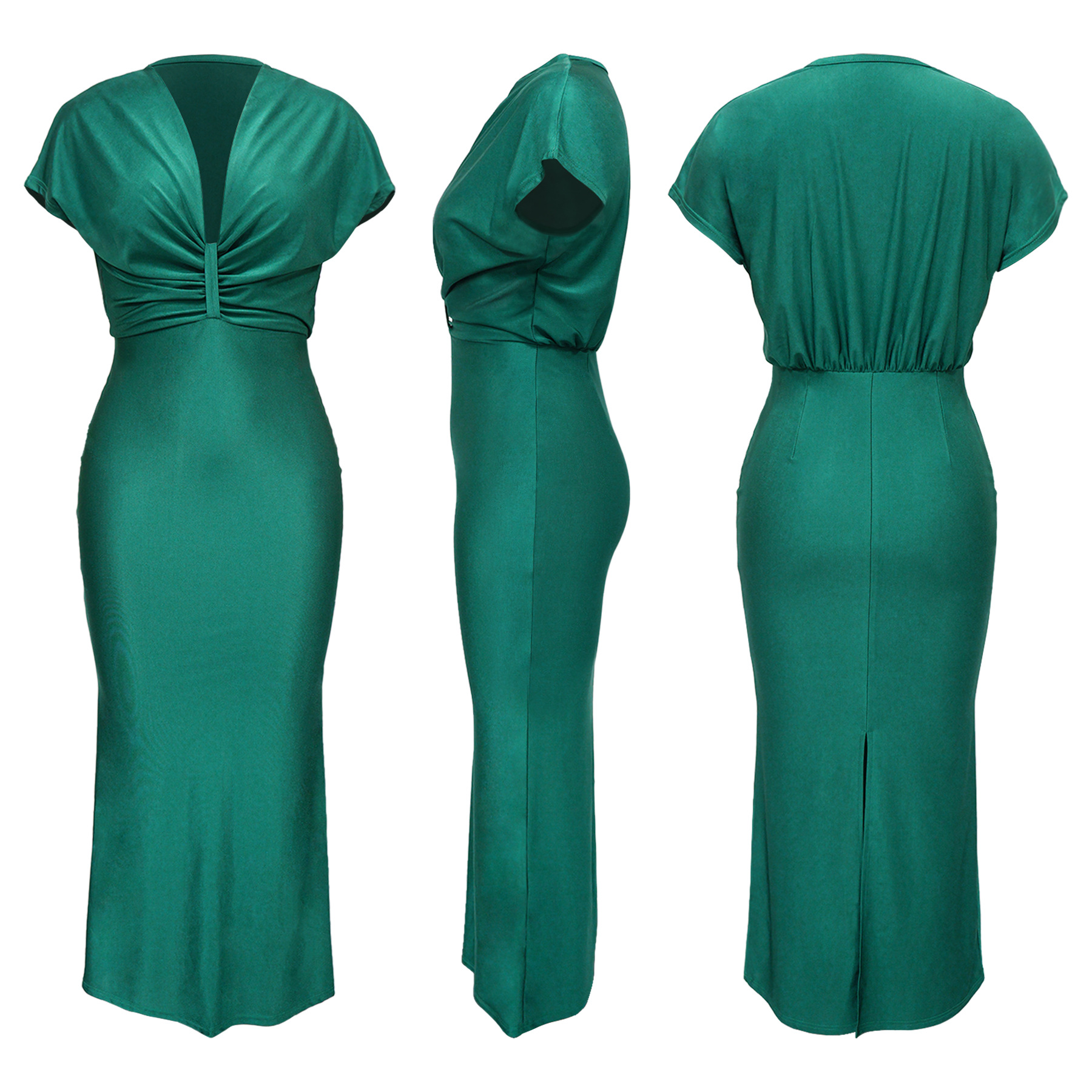 Women's V Neck Short Sleeve Dress Elegant Slim Fit with Back Slit K10697 AliExpress European And American Cross Border Fashion New_ecoleips.com