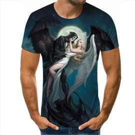 春夏季欧美时尚热销外贸 街头3D骷髅数码印花 男式短袖T恤 批发