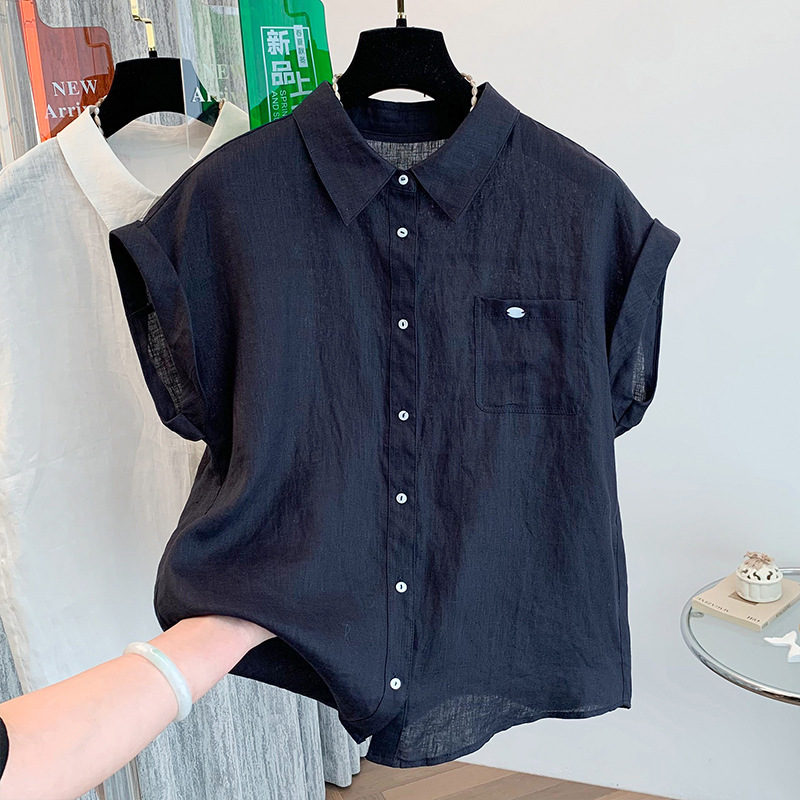 Real-Shot Unique and Beautiful Ramie Rolled Edge Short-Sleeved Lapel Shirt for Women Summer New Thin Style Shirt Top Trendy Real-Shot Unique and Beautiful Ramie Rolled Edge Short-Sleeved Lapel Shirt for Women Summer New Thin Style Shirt Top Trendy