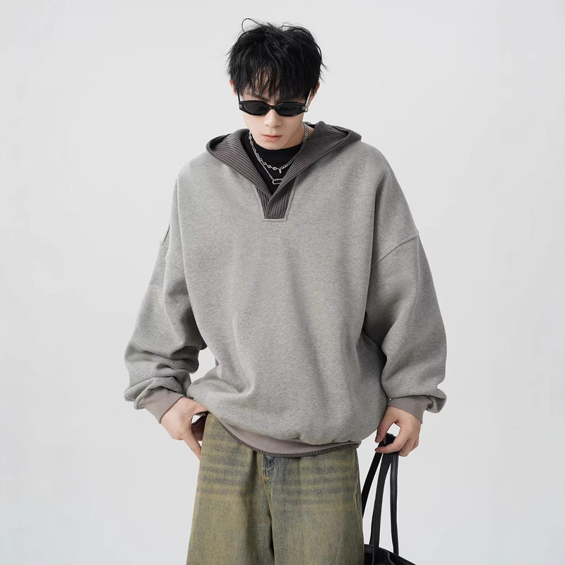 cleanfit Wool Stitching Hooded Sweater Men's Autumn and Winter New Niche Lazy Style V-Neck Casual Hoodie Jacket