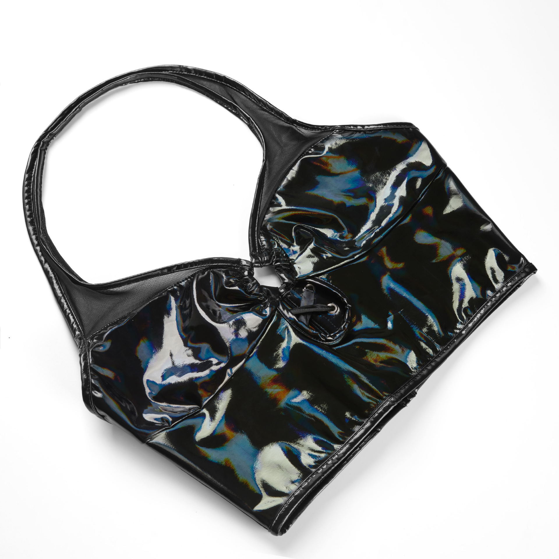 Europa y los Estados Unidos correa nueva malla de cuero PU empalmado hueco sexy envuelto pecho cuello plástico ropa de mujer suministro transfronterizo