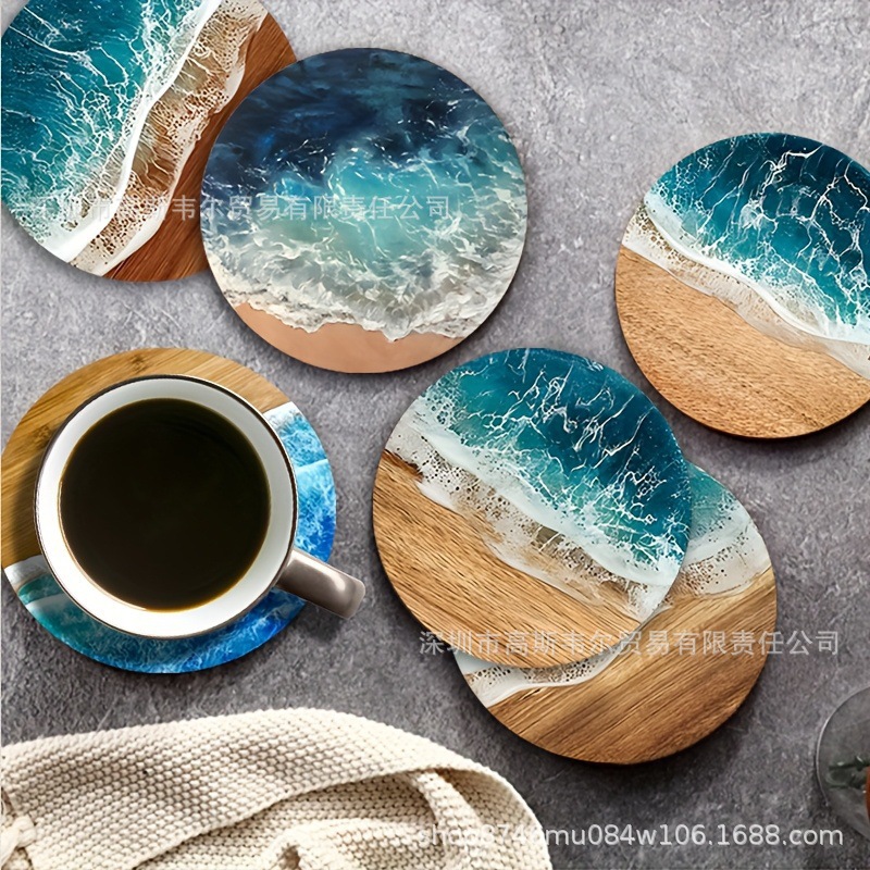 Six Blue Ocean Round Wooden Coasters Family Cafe Party Table Decoration Coasters Placemats Supplies