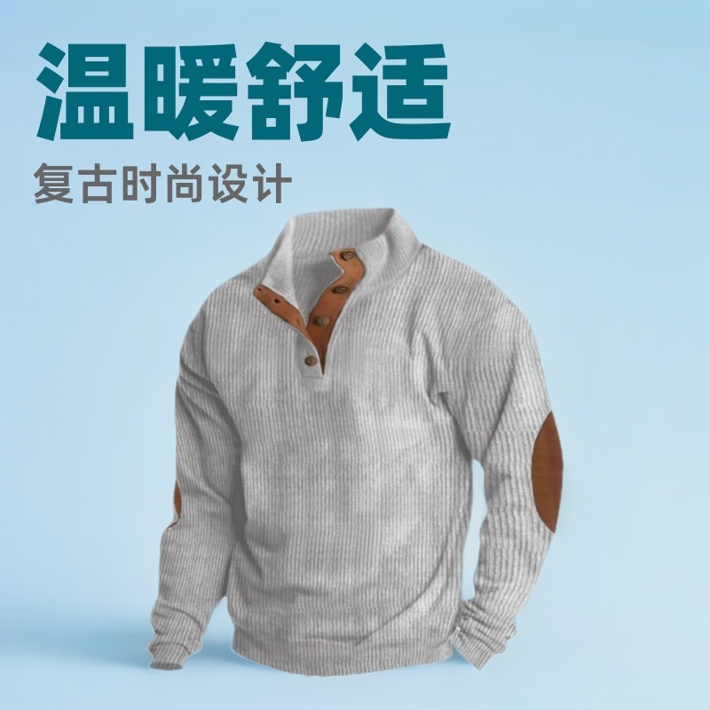 欧美男士保暖衬衣灯芯绒纯色拼接长袖衬衫套头复古休闲麻