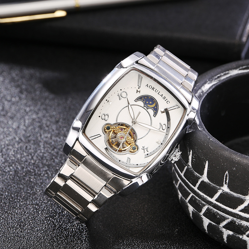 Factory wholesale car mechanical watch men's square hollow automatic high-grade casual leather men's watch solid steel