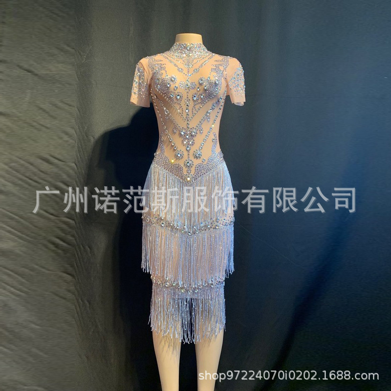 Novance silver tassel diamond hollow out women's evening dress sexy dress with tassels for prom