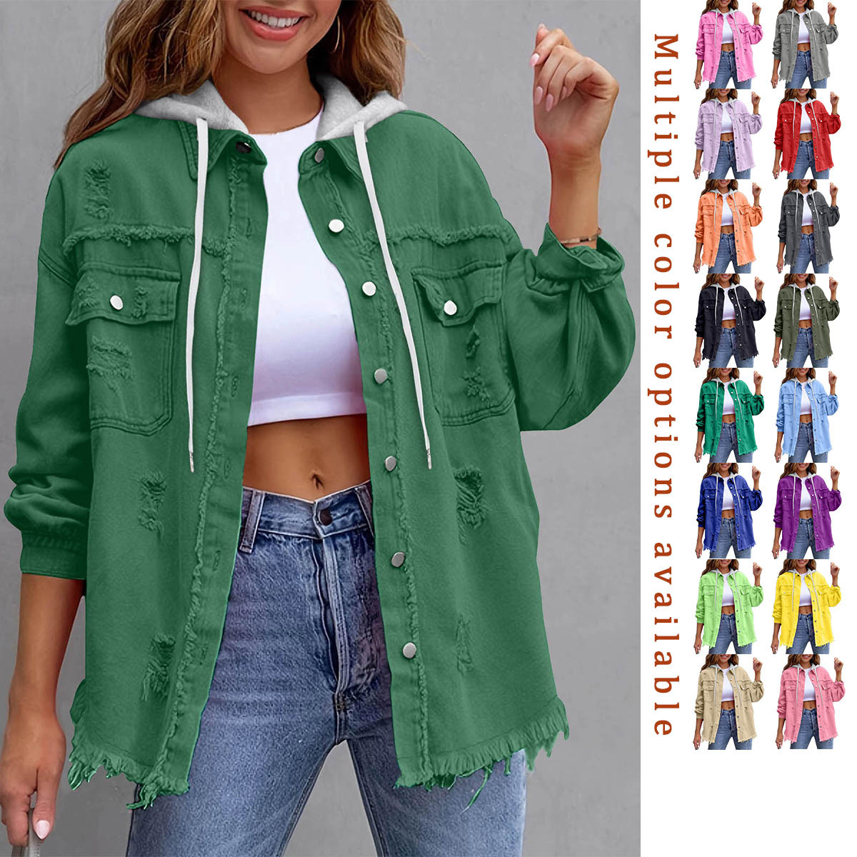Cross-Border New European and American Denim Hooded Jacket Women's Solid Color Loose Jacket Ripped Long-Sleeved Women's Denim Shirt