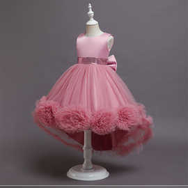 现货童裙花球蝴蝶结儿童礼服公主裙女童高端拖尾连衣裙kids dress