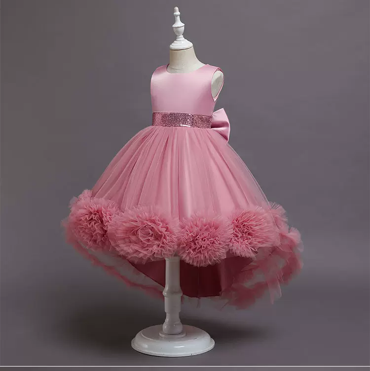 现货童裙花球蝴蝶结儿童礼服公主裙女童高端拖尾连衣裙kids dress