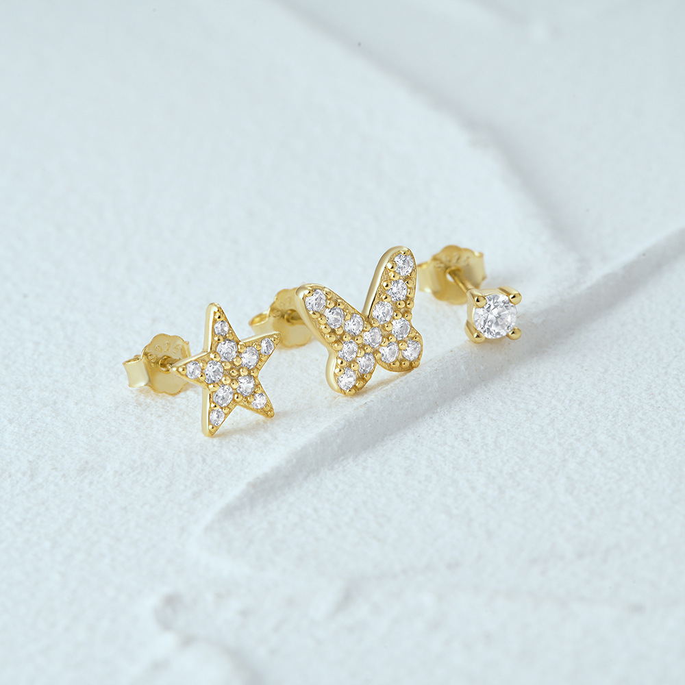 3g Weight Ear Studs Classification 1 Set Quantity Daily Occasion 925 Sterling Silver Material Star, Butterfly Pattern Women's Gender Plating Design Simple Style Style 1 Set 925 Sterling Silver Star Butterfly Ear Studs 103