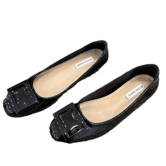 Small Height 5cm Nude Square Buckle Shallow Mouth Shoes Women's 2024 Summer New French Round Toe Soft Flat Shoes