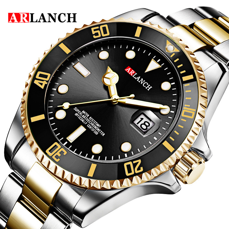 Nuevo calendario impermeable Lux hombres de negocios reloj de oro verde agua fantasma correa de acero reloj arlanch 306