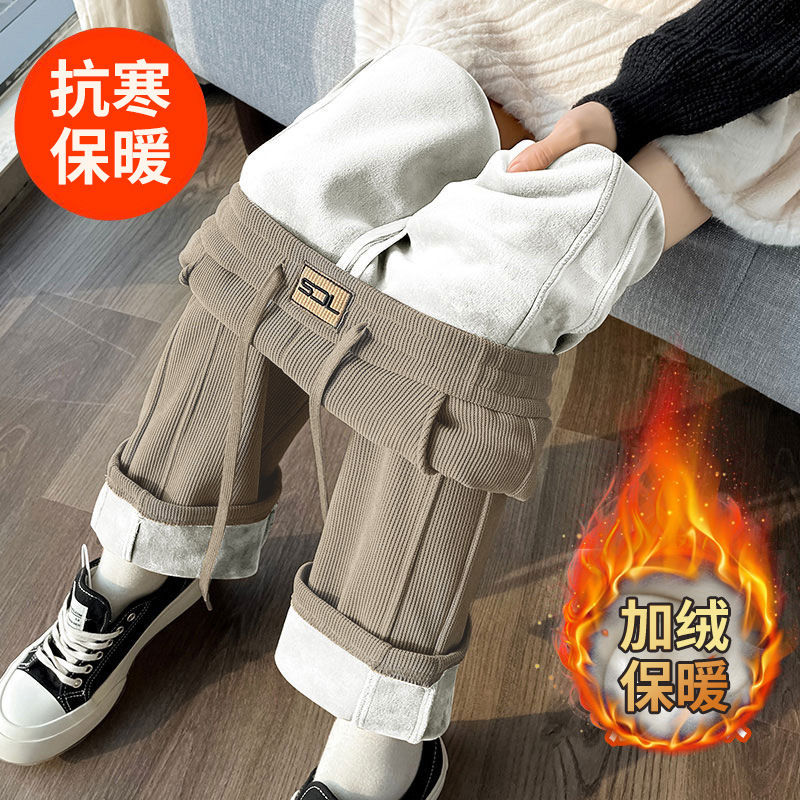 Demi-season warm velvet corduroy trousers for leisure, loose straight fit