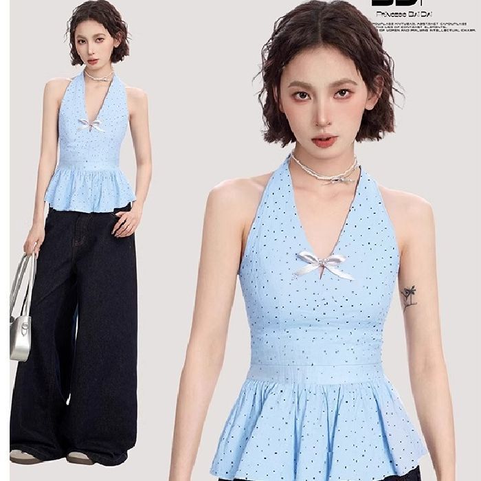 Foreign Trade Cross-Border Blue Polka Dot Halterneck Camisole Women's Summer Outer Wear Inner Flower Bud Sweet Sexy Sleeveless Top