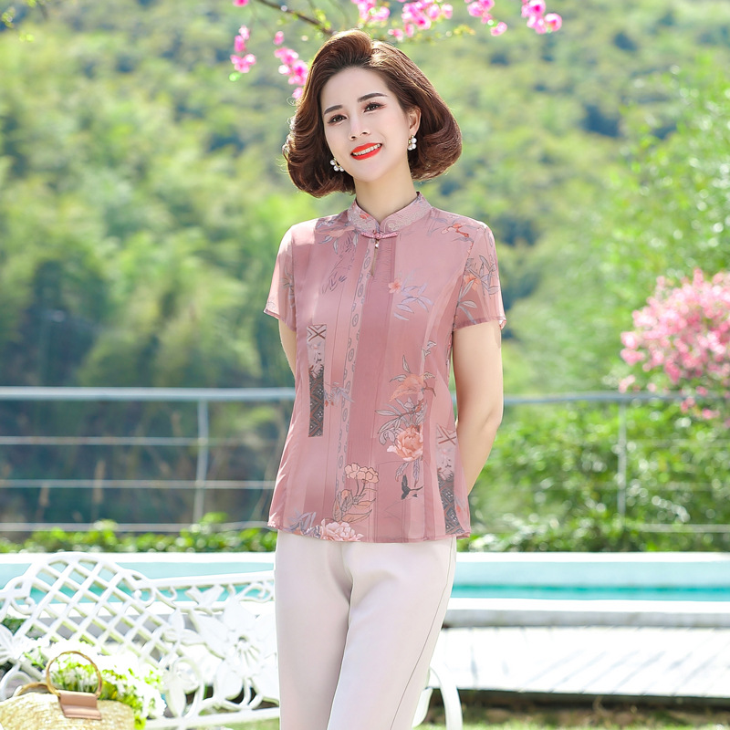 【祥】改良旗袍上衣妈妈洋气雪纺小衫2021新款夏季T恤中老年女装|ms