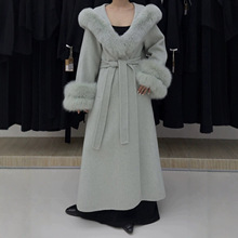 狐狸毛大翻领大袖子可拆卸浴袍系带落肩袖加长款双面尼羊毛大衣女
