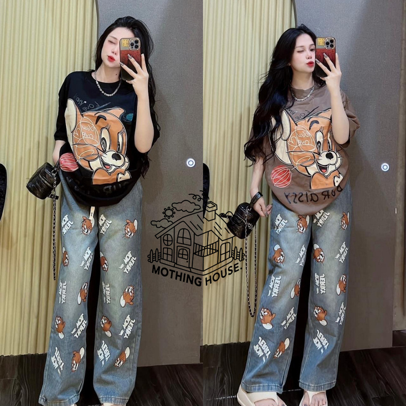 Cross-border popular women's fashion suit summer new Jerry printed short-sleeved T-shirt Denim wide-leg pants two-piece set