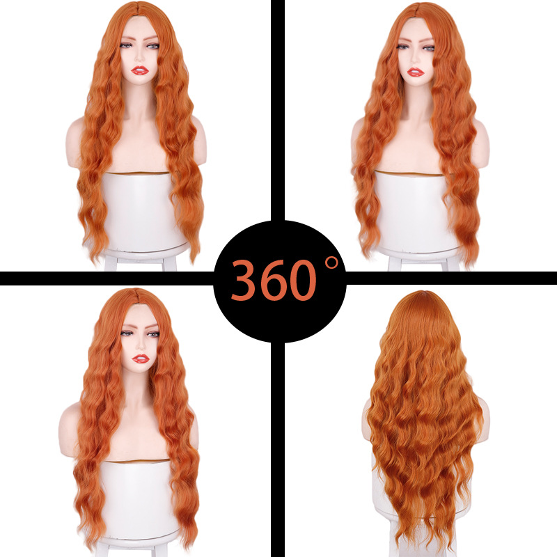 Europea y Americana peluca larga naranja rollo de lana de fibra química peluca cabeza cubierta transfronteriza pelucas fábrica al por mayor