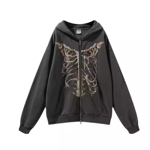 Y2K Ceket İskelet Kapüşonlu 90'lar Desenli Baskılı Fermuarlı Üst Kız Sweatshirt_voghion.com