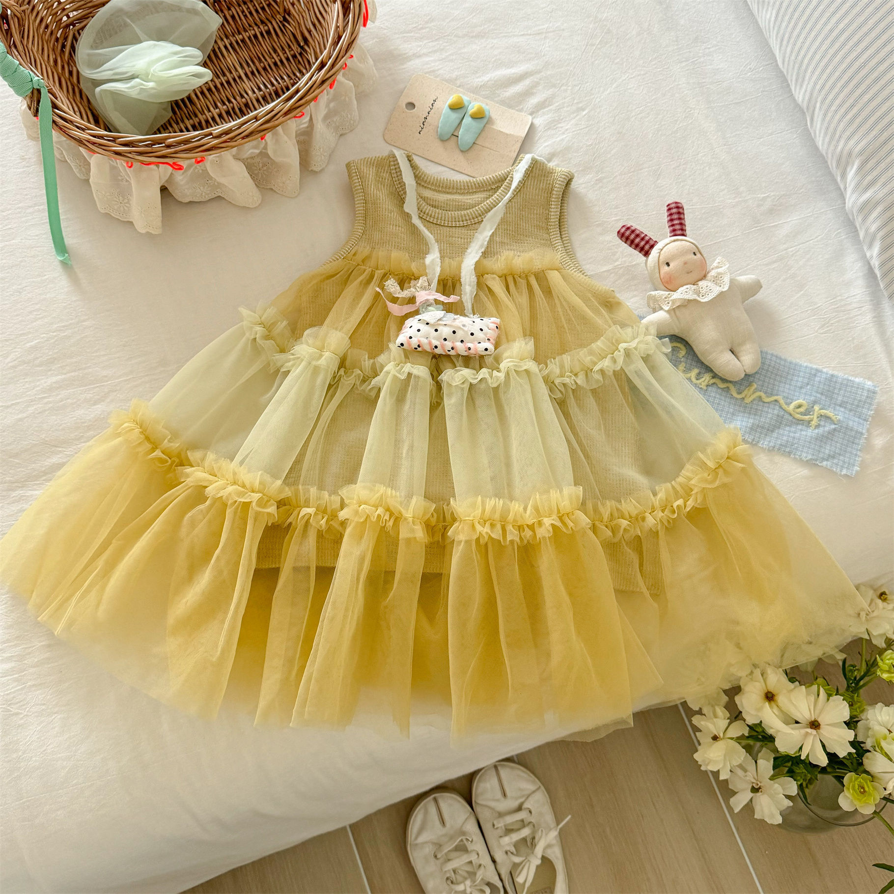 [Xianning Seven] Vestido de chaleco de costura de malla para niñas coreanas Falda larga de hadas Vestido de princesa de estilo occidental para bebés