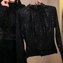 加绒加厚蕾丝衫女衫秋冬新款贴片洋气立领上衣小衫打底衫外穿