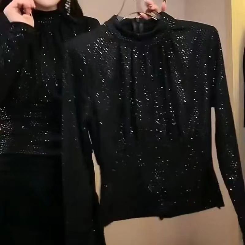 加绒加厚蕾丝衫女衫秋冬新款贴片洋气立领上衣小衫打底衫外穿