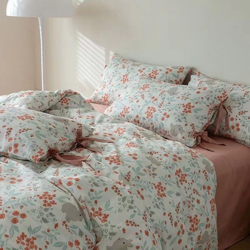 Retro nude floral, pure cotton four-piece skin-friendly bedding set, textured pattern printed quilt cover, fitted sheet 1.5/1.8m