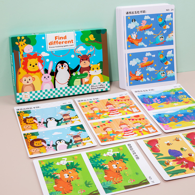 Diversión infantil para encontrar diferentes tarjetas de entrenamiento de concentración para bebés de 3 a 6 años de edad, caja de juegos para desarrollar el potencial cerebral izquierdo y derecho