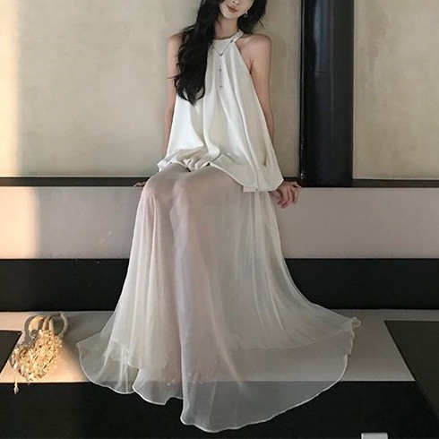 韩系新款挂脖无袖花苞上衣时尚套装女装夏季高腰纯色半身裙两件套|undefined