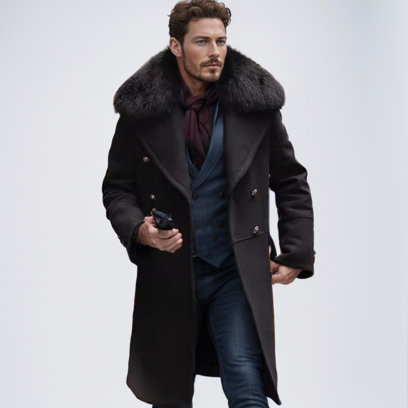 Cross-Border Spot Men's Casual Large Fur Collar Woolen Outwear Foreign Trade Solid Color Double-Breasted Men's Woolen Outwear to Heattech