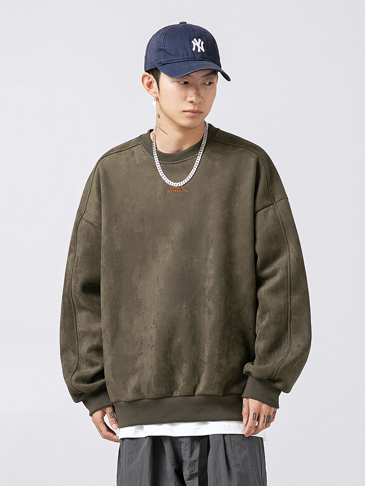 Sudadera de cuello redondo de gamuza de 350 g para hombre, estilo japonés, nueva colección primavera 2025, de marca, holgada, bordada, estilo chaqueta.