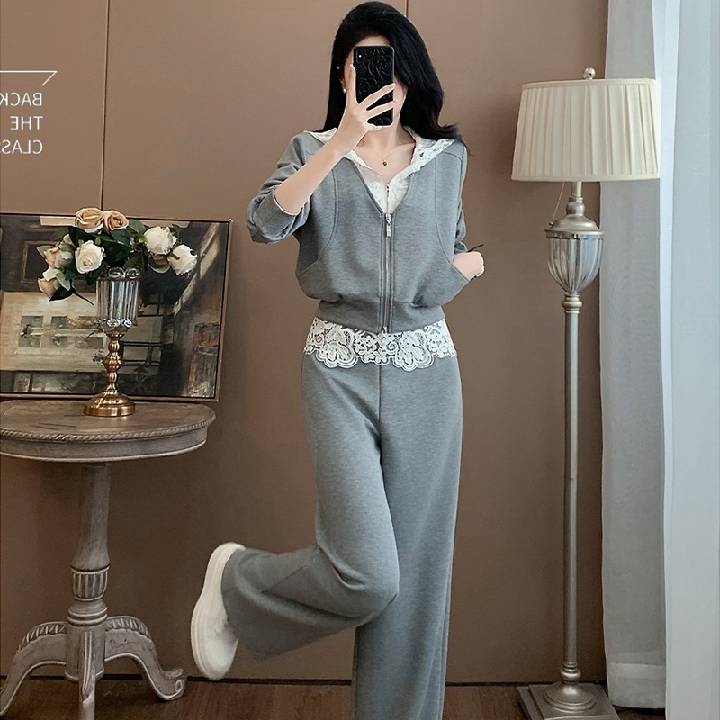 休闲运动套装女春2025新款欧货连帽蕾丝拼接感显瘦减龄两件套|undefined