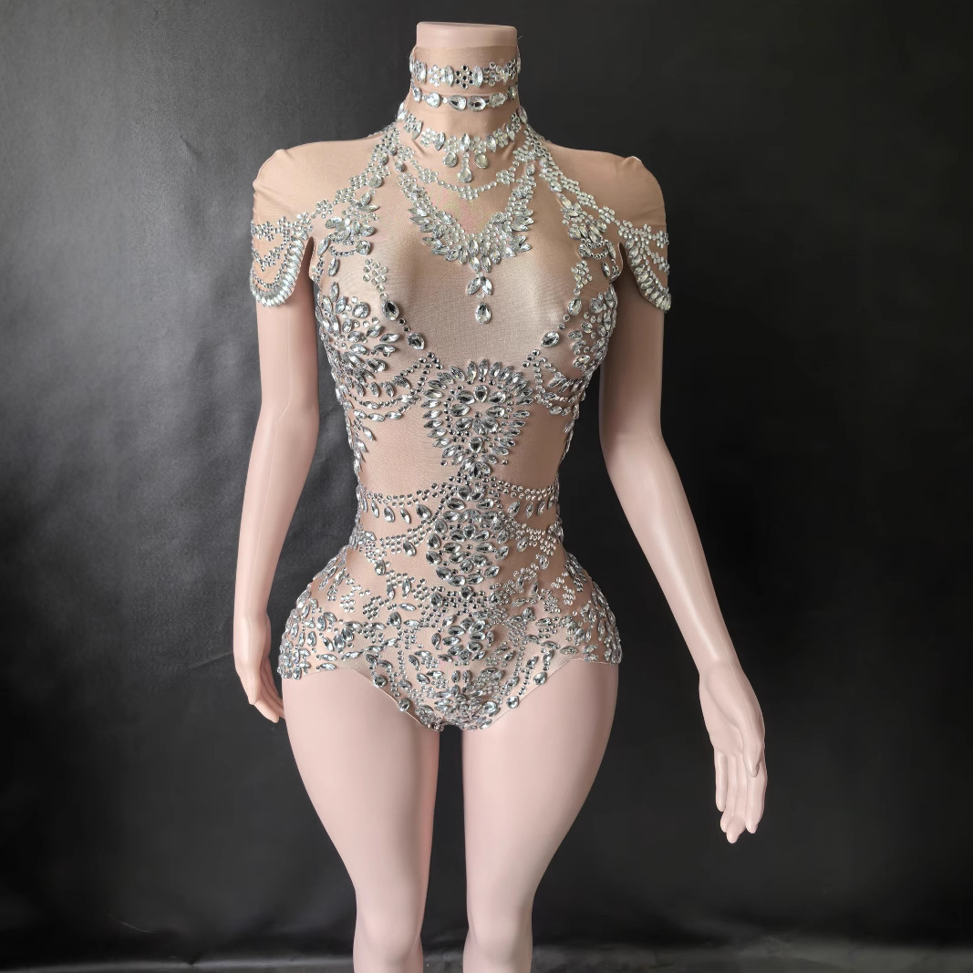 European and American Style Shiny Rhinestone High-Neck Sleeveless Mesh See-Through Plaid Evening Cocktail Dress European and American Style Runway Fashion