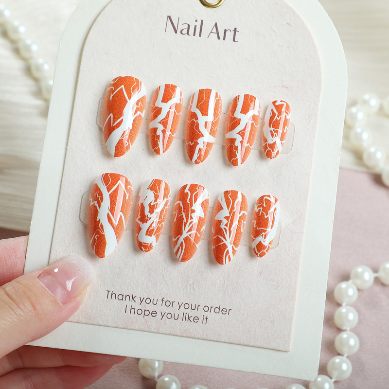 24 Pieces of Cross-Border Boutique Almond Wearable Nails, High-End Painted Orange Lightning Crack Nail Art Nails, Pre-Made 24 Pieces of Cross-Border Boutique Almond Wearable Nails, High-End Painted Orange Lightning Crack Nail Art Nails, Pre-Made