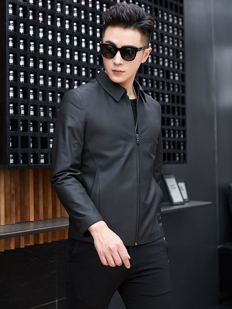 Short Leather Jacket for Men, Haining Genuine Leather Zipper Jacket, Sheepskin Business Casual Middle-Aged Leather Jacket with Lapel for Spring