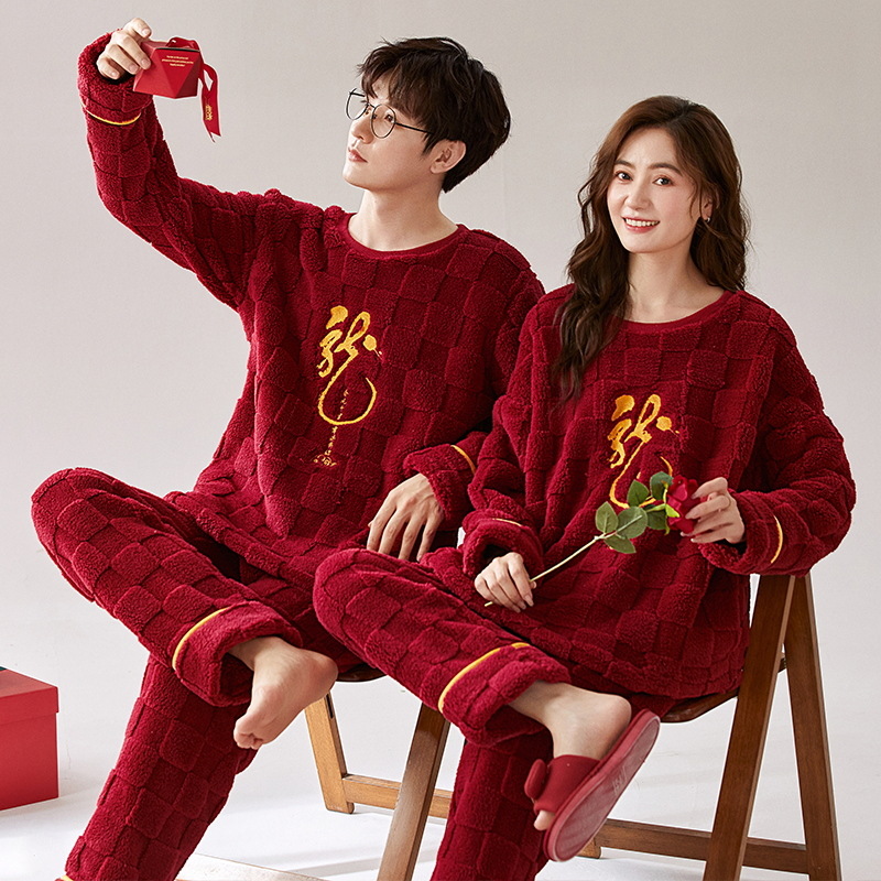 Pijamas de pareja roja engrosada coral polar Otoño e Invierno de las mujeres año de nacimiento boda festivo hombres de franela homewear