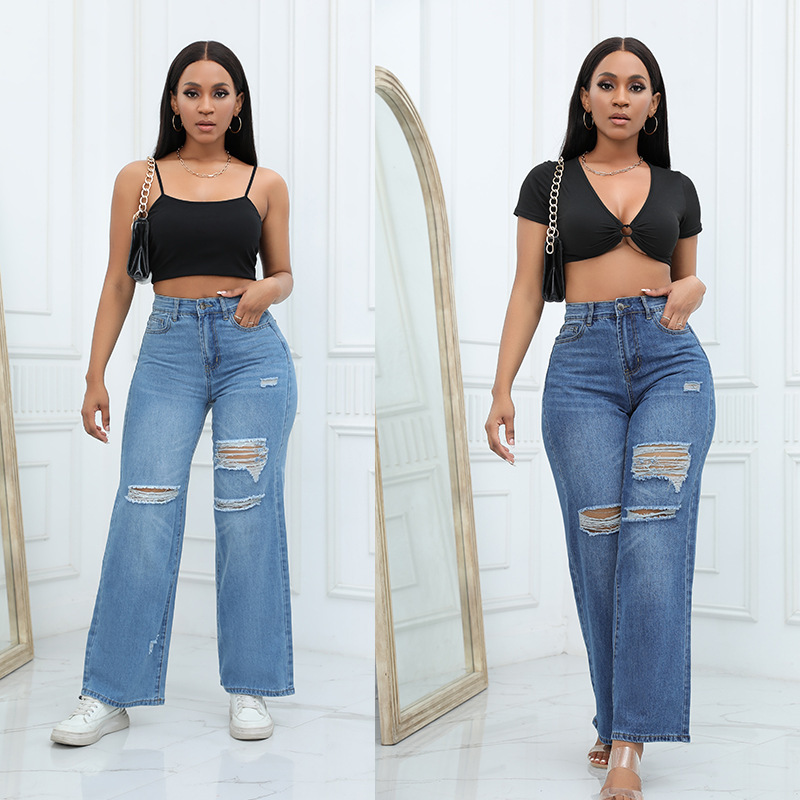 Jeans de Pierna Ancha para Mujer de Mezclilla de Algodón, Con Rasgados, De Alta Elasticidad
