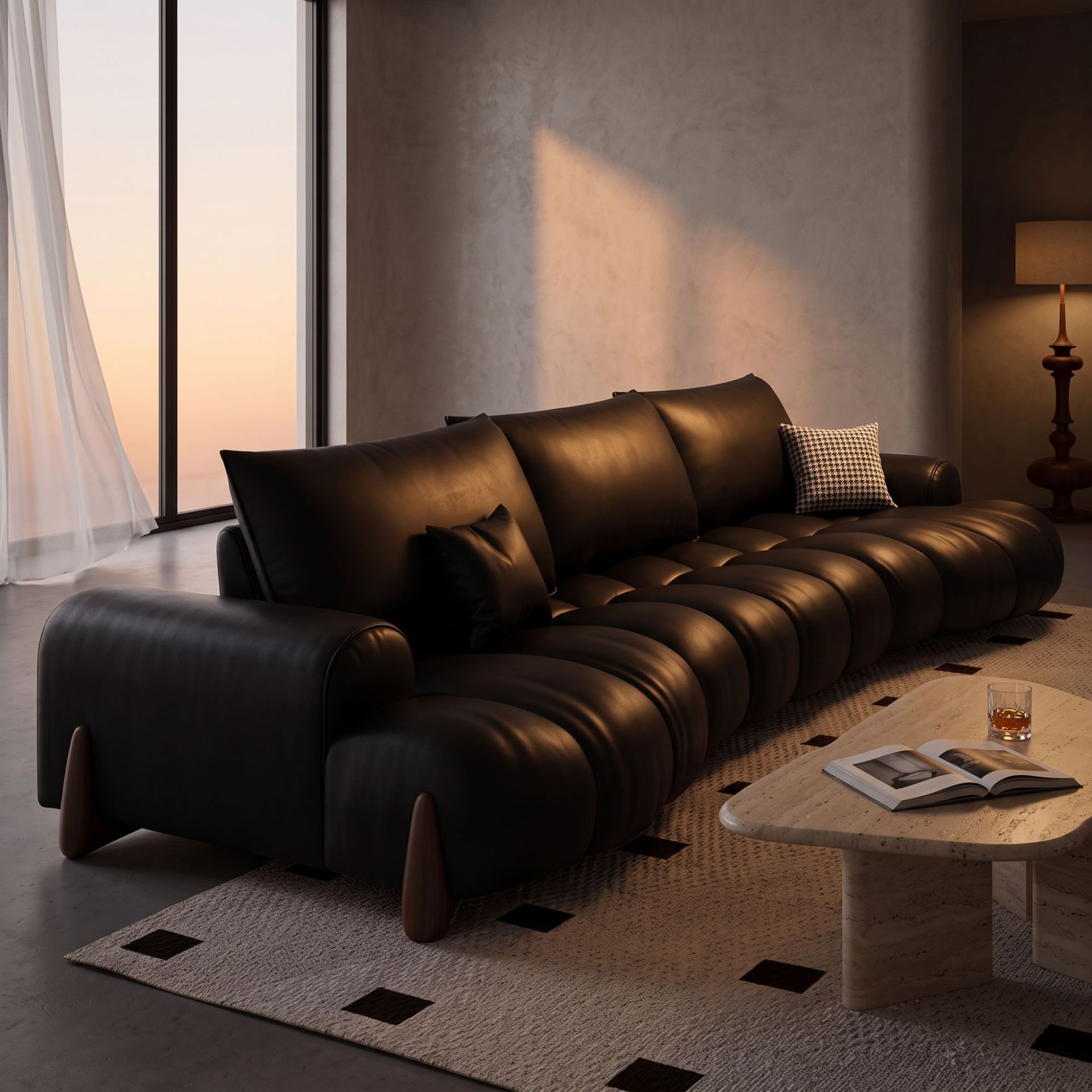 Black genuine leather sofa with top-layer cowhide, adjustable backrest, Italian-style, large-sized, irregular-shaped, deep-seated, curved sofa for the living room