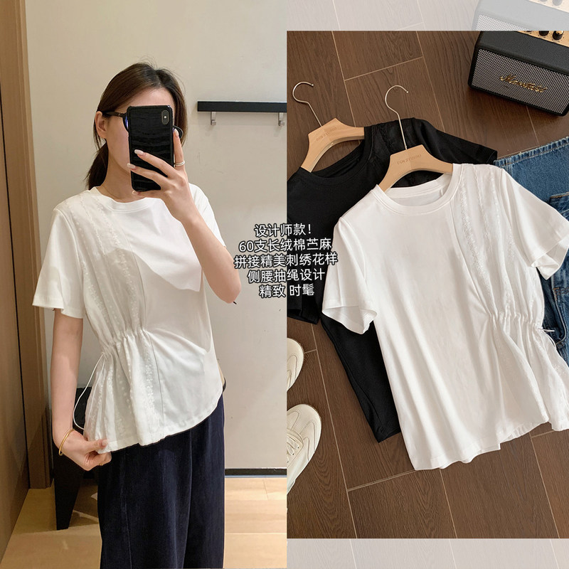 Designer Style! 60-Count Long-Staple Cotton and Ramie Patchwork Embroidered Drawstring Short-Sleeve Elegant Top H051219 Designer Style! 60-Count Long-Staple Cotton and Ramie Patchwork Embroidered Drawstring Short-Sleeve Elegant Top H051219