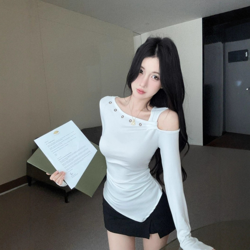 [Modal Rayon 260g] Oblique Shoulder Cut Out Long-Sleeved T-Shirt Women's Twisted Asymmetrical Slim Bottoming Top