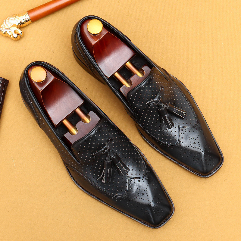 Casual summer leather shoes men's hollow breathable leather business dress shoes_vogvips.com