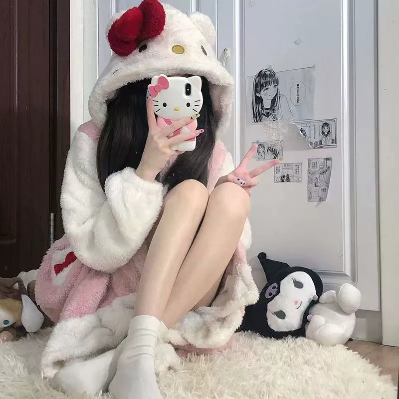 Милый коралловый бархатный зимний халат с капюшоном, флисовый пижама, увеличенная толщина