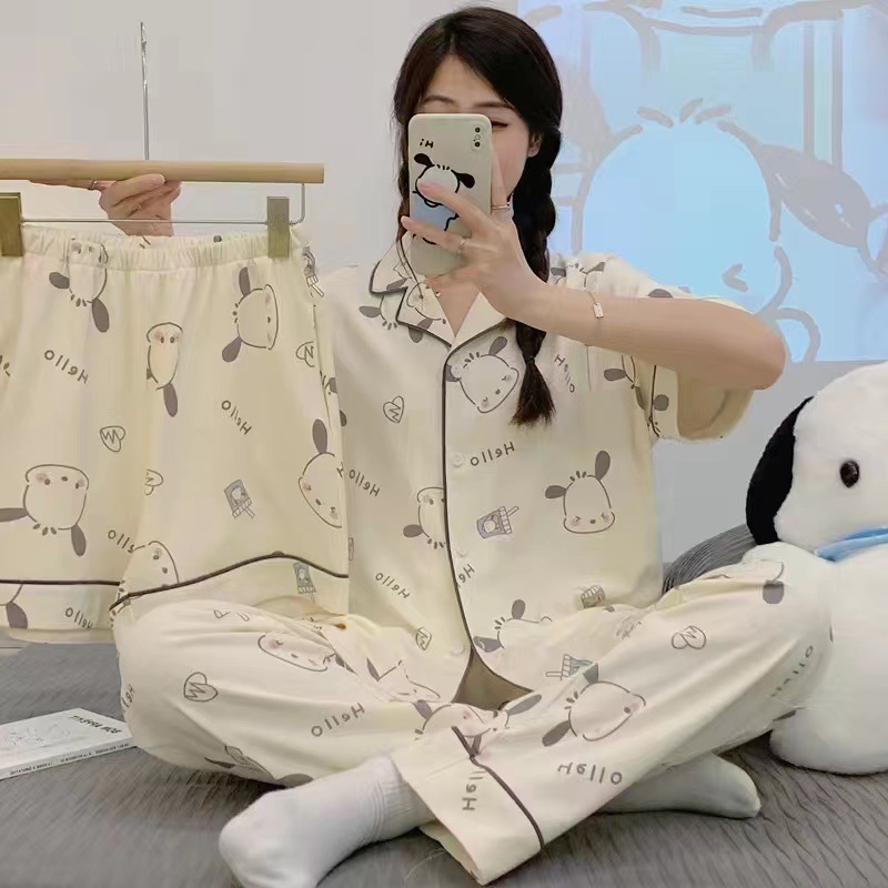 Pijamas de verano para mujer 2025, nuevo conjunto de tres piezas de cárdigan de manga corta, talla grande, delgado, pantalones largos, conjunto de ropa para estar en casa