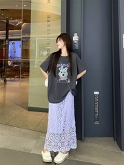 复古灰色印花圆领短袖T恤女夏季韩系chic宽松设计感甜美百搭上衣
