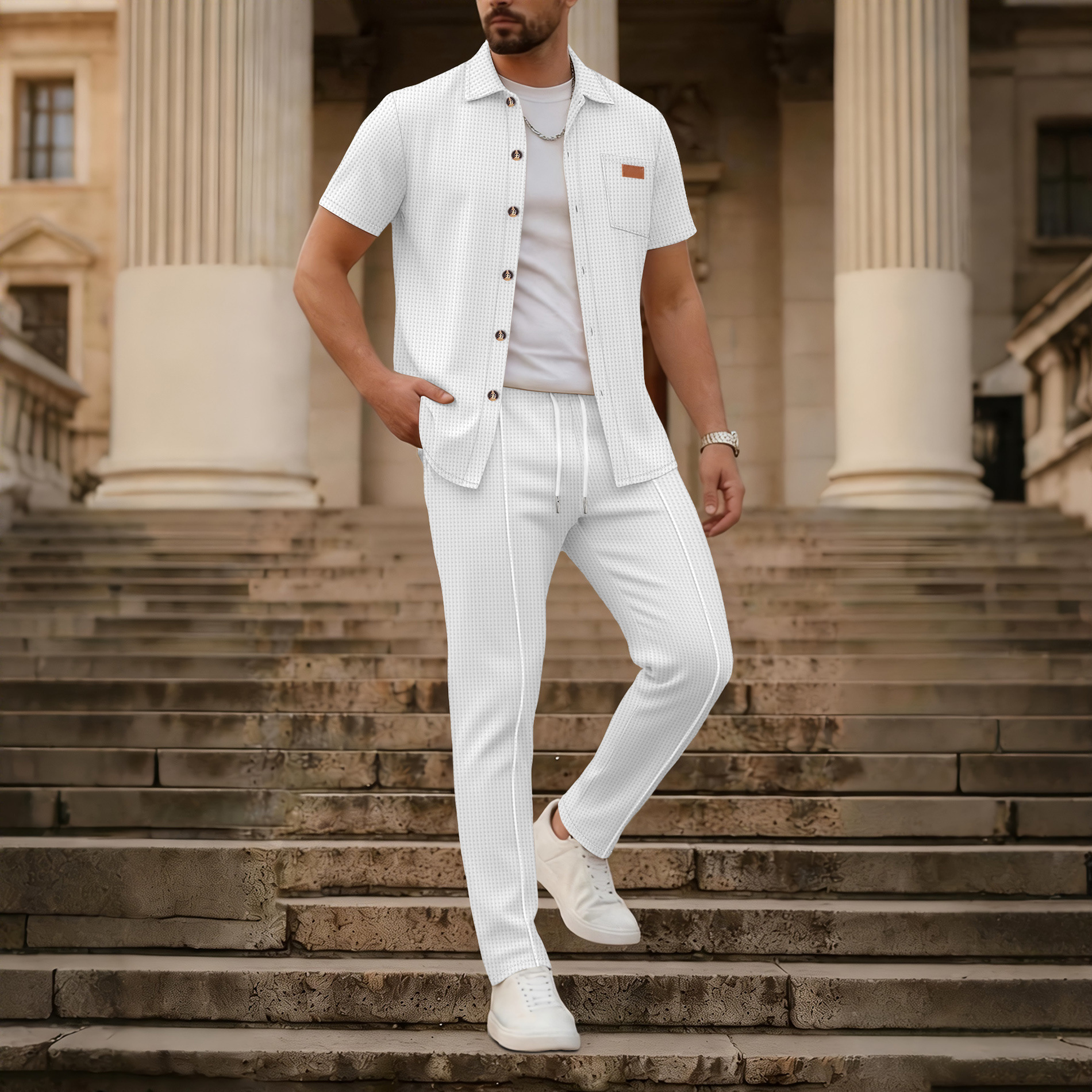 Herren Waffelstrick Set Hemd Mit Hose Zweiteiler Sommer Mode_voghion.com