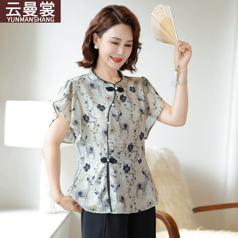 Новая одежда для мам 2025 года, новая летняя одежда в национальном стиле, модная женская одежда среднего и пожилого возраста, стильные футболки, рубашки с маленькими оленями, одежда